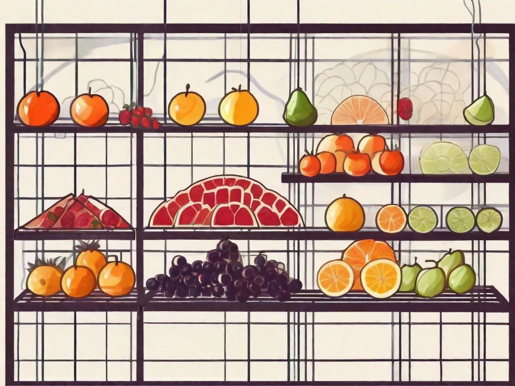 Various types of sliced fruits spread out on a wire rack